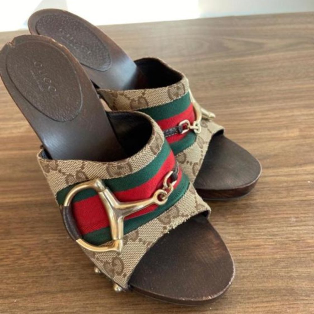Gucci GG Monogram Canvas Horsebit Wood Platform Mules EU 36